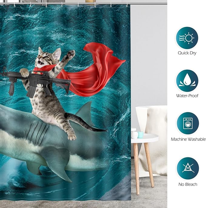 Funny Shark Cat Shower Curtain - Cute Cat Riding Shark in Ocean Fun Shower Curtains Set with 12 Hooks for Adults Bathroom Decor Accessories, 72"x72", Blue Red