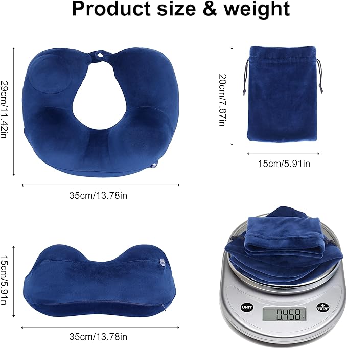 Inflatable Travel Neck Pillows for Airplanes, Long Flight Must Haves for Sleeping to Avoid Neck and Shoulder Pain, Comfortably Support Head and Neck for Flight, Car, Bus and Office (Blue)