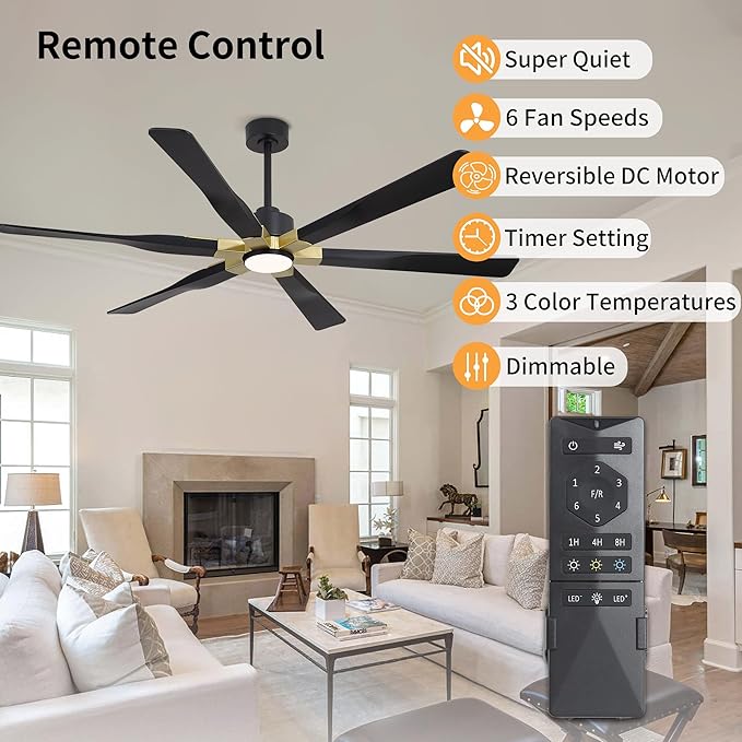 68 Inch Ceiling Fan with Lights and Remote Control, 6 Reversible ABS Blades, 6-Speed Noiseless DC Motor with 4.5" / 12" / 24" Downrods for Bedroom Dining Living Room, Gold and Black