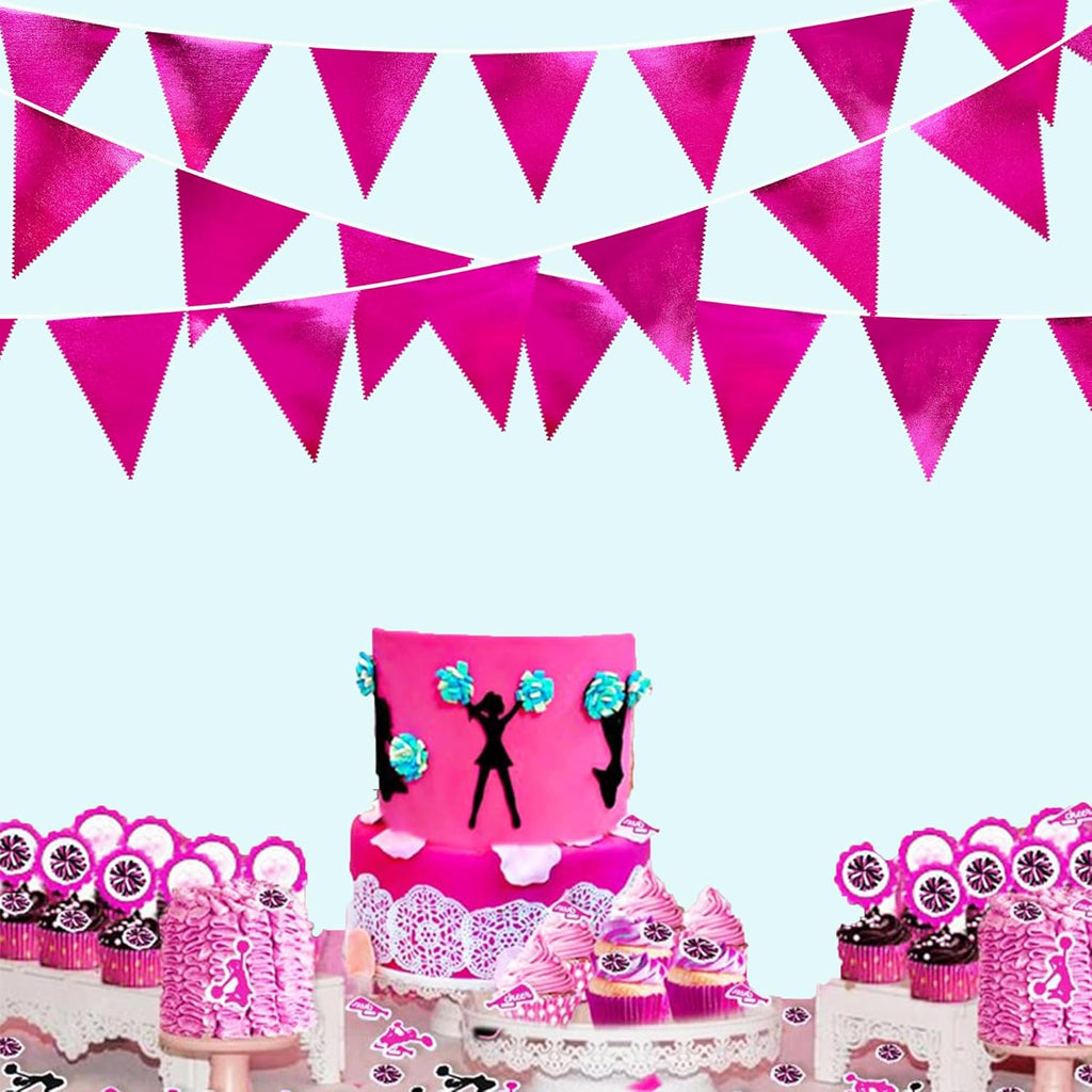 Hot Pink Party Decorations Triangle Pennant Banner Flag Rose Pink Metallic Fabric Bunting Garland for Birthday Bachelorette Wedding Bridal Shower Anniversary Flamingo Theme Party Supplies