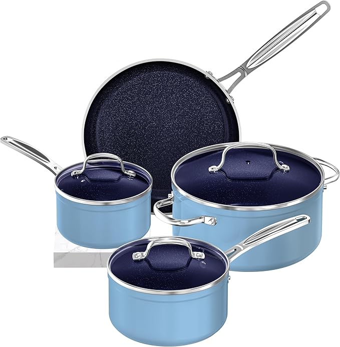 Nuwave 7pc Cookware Set Healthy Duralon Blue Ceramic Nonstick Coated, Diamond Infused Scratch-Resistant, PFAS Free, Oven Safe, Induction Ready & Evenly Heats, Tempered Glass Lids & Stay-Cool Handle