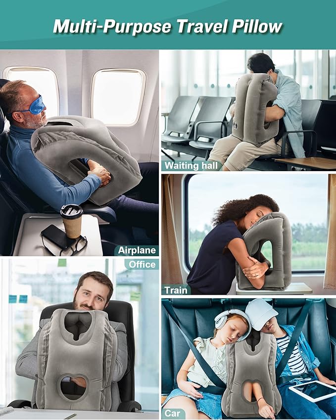 JefDiee Inflatable Travel Pillow, Airplane Neck Pillow Comfortably Supports Head and Chin for Airplanes, Trains, Cars Office Napping on The Tray Table (Grey)