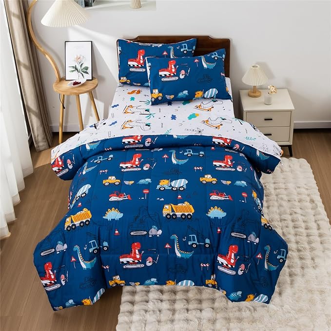 Meeting Story Construction Truck Car Full Comforter Set for Boys,5 Pieces Dinosaur Bedding Set with Sheets and Pillowcases，Excavator Lightweight Microfiber Bedding Sets（Blue，Full5pcs）
