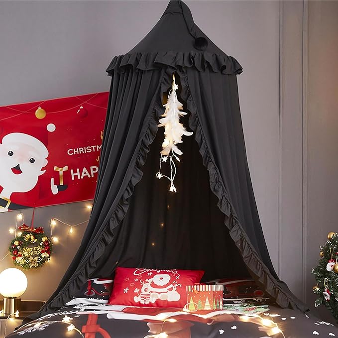 VETHIN Bed Canopy for Girls Kids,Princess Round Dome Children Dreamy Mosquito Net Bedding Girls Room Castle Play Tent Hanging House Decor Reading Nook Canopies (Black)