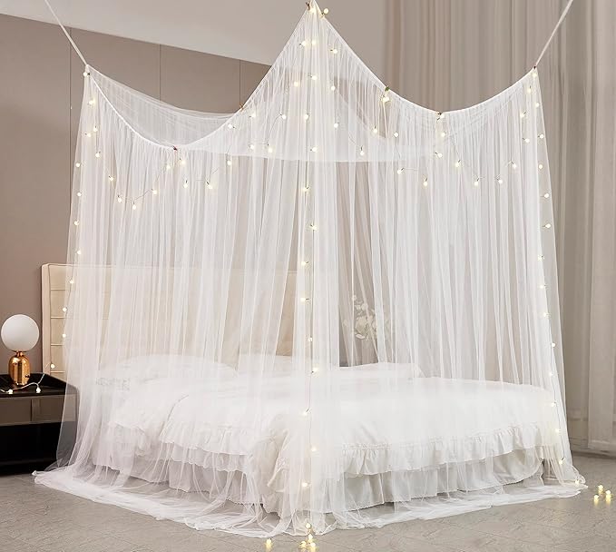 Mengersi Bed Canopy with Lights,4 Corner Post Bed Drapes Canopy for Bed,Canopy Bed Curtains Elegant Bedroom Decoration Accessories
