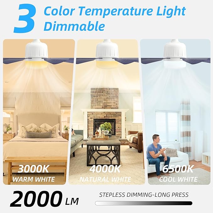 Socket Ceiling Fan Light with Remote: Ceiling Fans with Lights APP Control 3-Speeds 18in Screw in Light Socket Dimmable LED Silent E26/E27 Bulb Socket Small Fans for Bedroom Kitchen Bathroom Garage