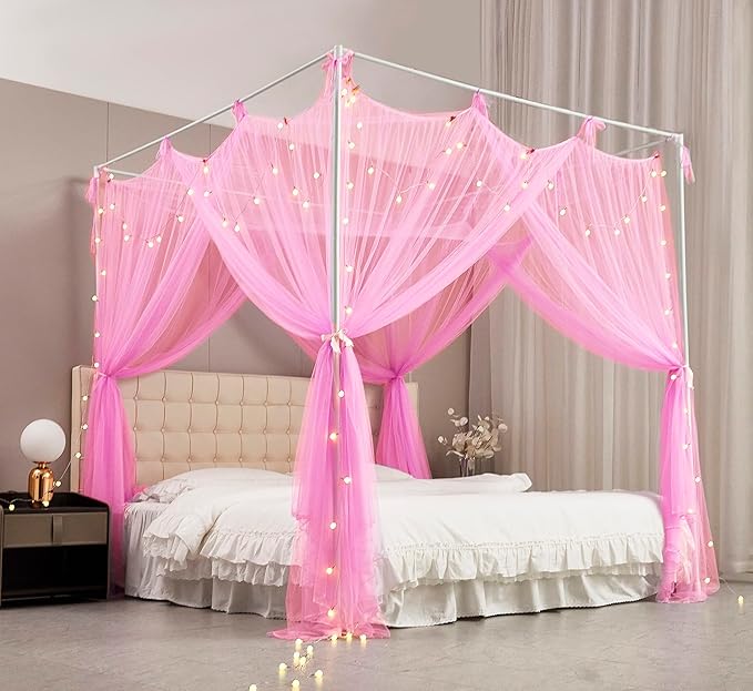 Mengersi Canopy Bed Curtains Bed Canopy with Lights for Girls, Bed Netting Unique Style 4 Door Mosquito Net for Adults Women Bedroom Decor (Pink+Lights, Twin/Twin XL)