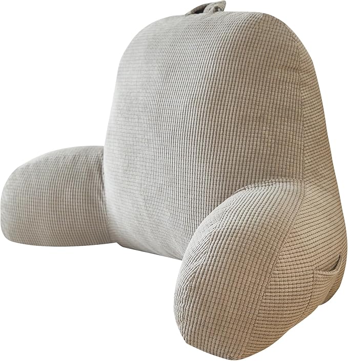 Back Pillow for Bed Sitting Up,Reading Pillow for Sitting in Bed Adult with Arm Pillow,Back Rest Pillow for Sitting in Bed with Pockets,While Gaming,Working,Watching,Standard-Gray