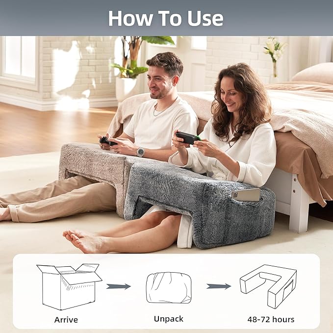 Homguava Reading Pillow Memory Lap Desk Foam Pillow for Adults Gaming Pillow Arm Rest Pillow for Reading, Crocheting, Gaming or Sitting in Bed (Furry Grey, Large)