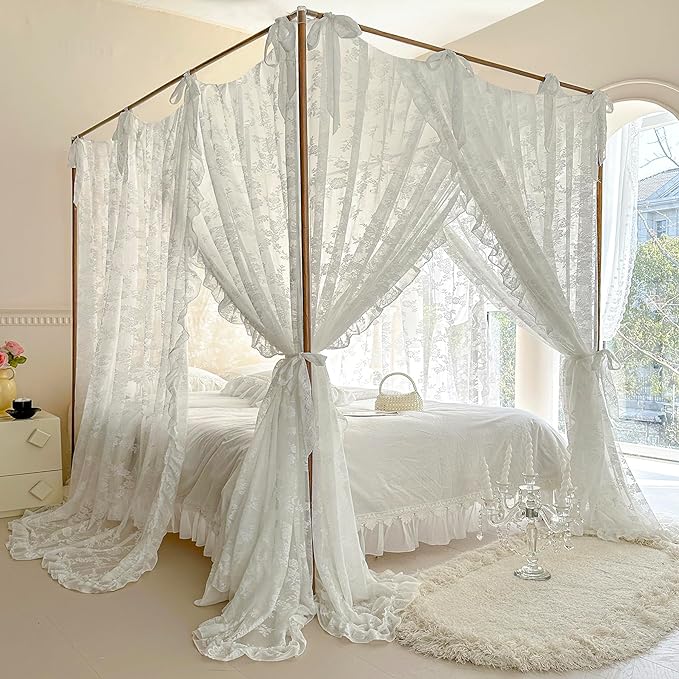 Mengersi Canopy Bed Curtains with Tie Backs,Bed Canopy Curtains Bed Drapes Sheer Curtains for Bedroom Decor（Queen,White