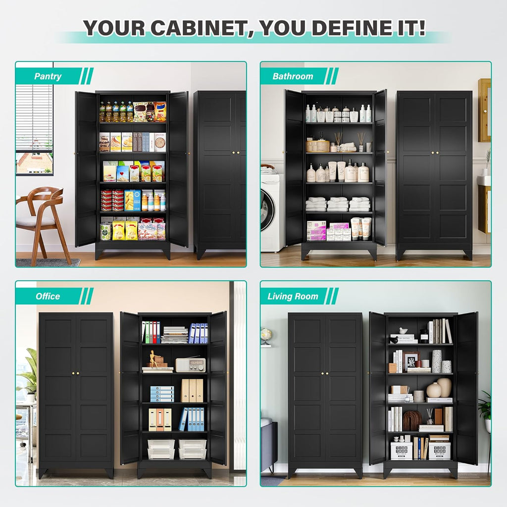 Metal Storages Cabinet with 2 Doors and 5 Shelves,Tall Storage Cabinet,Large Cupboard Closet,Pantry Storage Cabinet for Home,Office,Bathroom,Dining/Living Room (Black, 71" H)