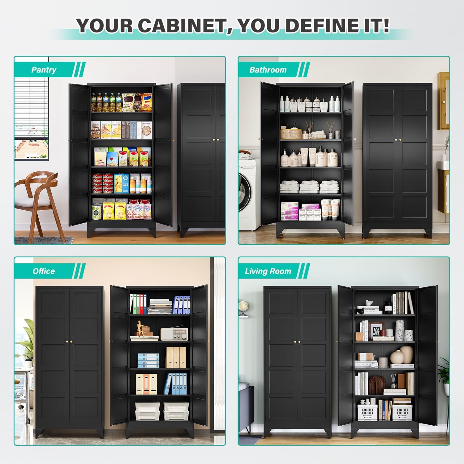 Metal Storage Cabinets with 2 Doors and 5 Shelves,Tall Storage Cabinet,Large Cupboard Closet,Pantry Storage Cabinet for Home,Office,Bathroom,Dining/Living Room (Black, 72" H)