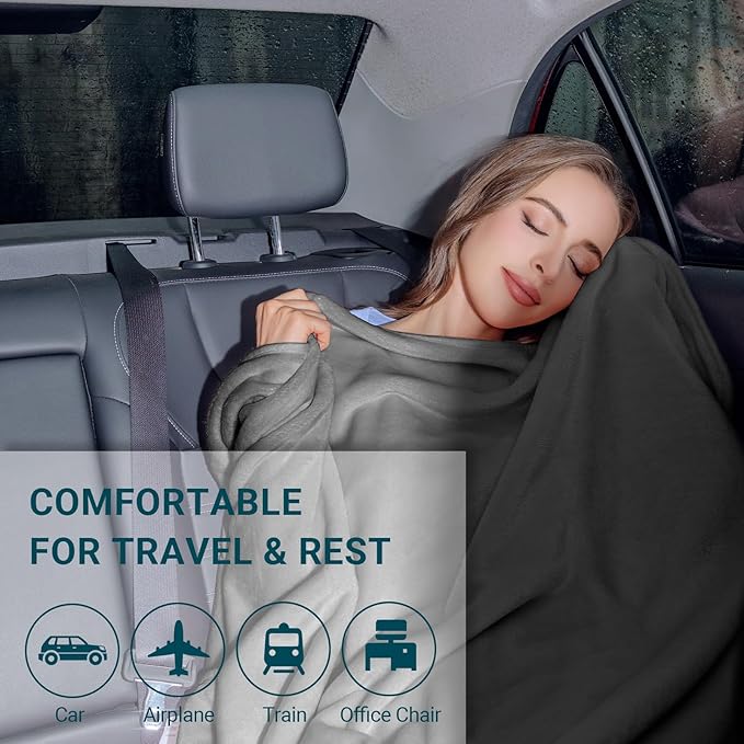 Travel Blanket Pillow- Premium Soft 300 GSM Thick 3 in 1 Airplane Blanket for Long Trips Essentials with Bag Pillowcase, Hand Luggage Sleeve and Backpack Clip (Grey)