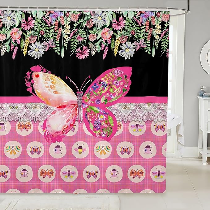 Feelyou Butterfly Shower Curtain 72"x84" Botanical Floral Flower Printed Bathroom Shower Curtain Set for Boys Girls Teens Black Pink Bath Curtain Garden Animal Natural Theme Bathroom Accessories