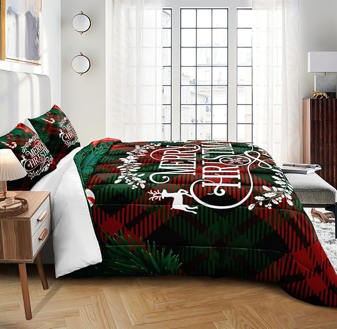 Bedbay Christmas Comforter Set King Size Bedding Set Xmas Bow Buffalo Checkered 4 Pieces Christmas Bedding Set 1 Comforter 2 Pillowcases 1 Cushion Cover(Red Green,King)