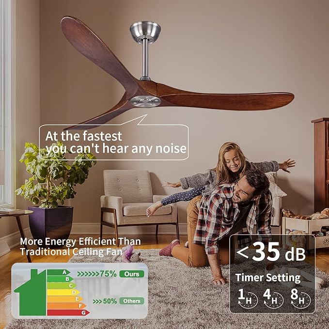 Bigzone 60" Ceiling Fan No Light, Energy Efficient DC Motor, 3 Brown Solid Wood Blades, Wood Ceiling Fan with Remote Control,Brushed Nickel Ceiling Fan With Reversible Blades