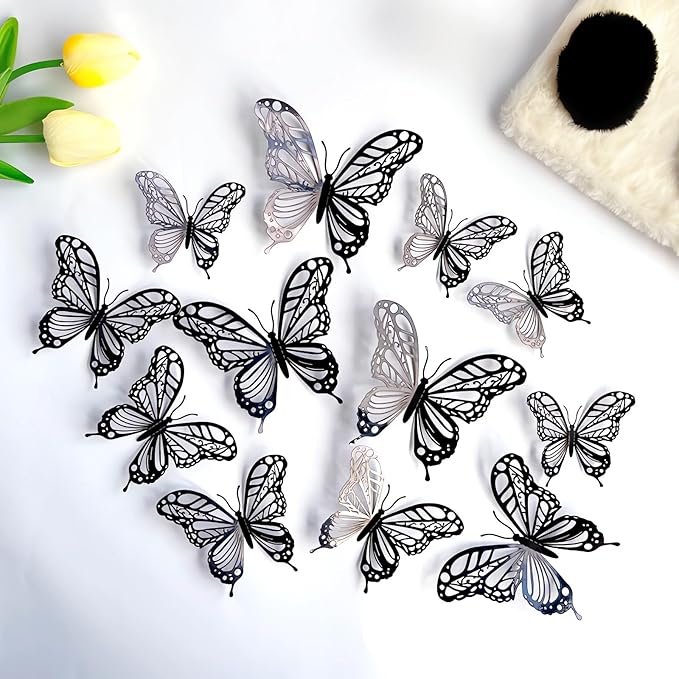 3D Butterfly Wall Decor 3 Sizes 4 Styles, Kurilai 48Pcs Butterfly Decorations Party Birthday Cake Decoration, Removable Wall Stickers for Kids Nursery Wedding Bedroom Room Decor (Black)