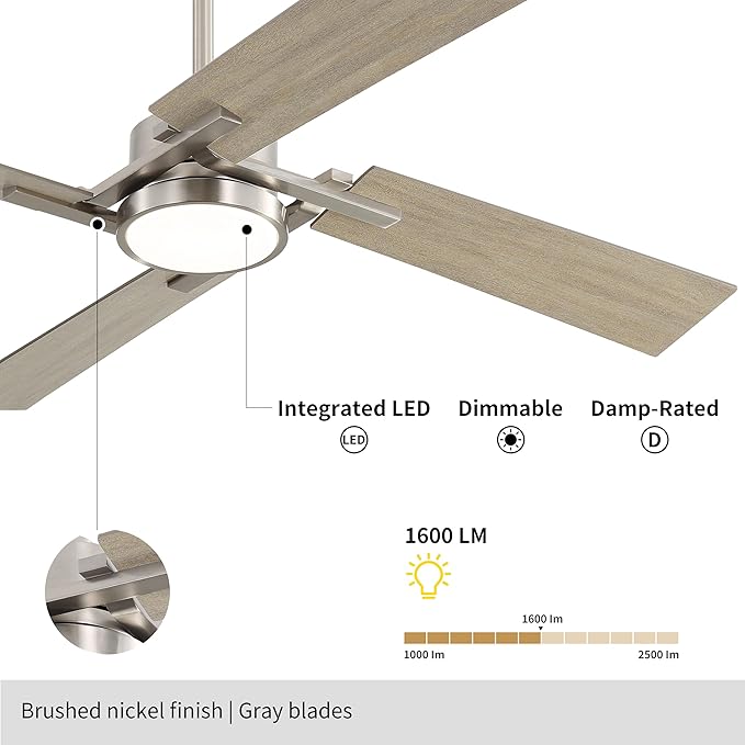 WINGBO 72 Inch DC Ceiling Fan with Lights and Remote, 4 Plywood Blades, 6-Speed Reversible DC Motor, Dimmable, 3CCT, Farmhouse Large Ceiling Fan for Bedroom Living Room Patio, Brushed Nickel and Gray