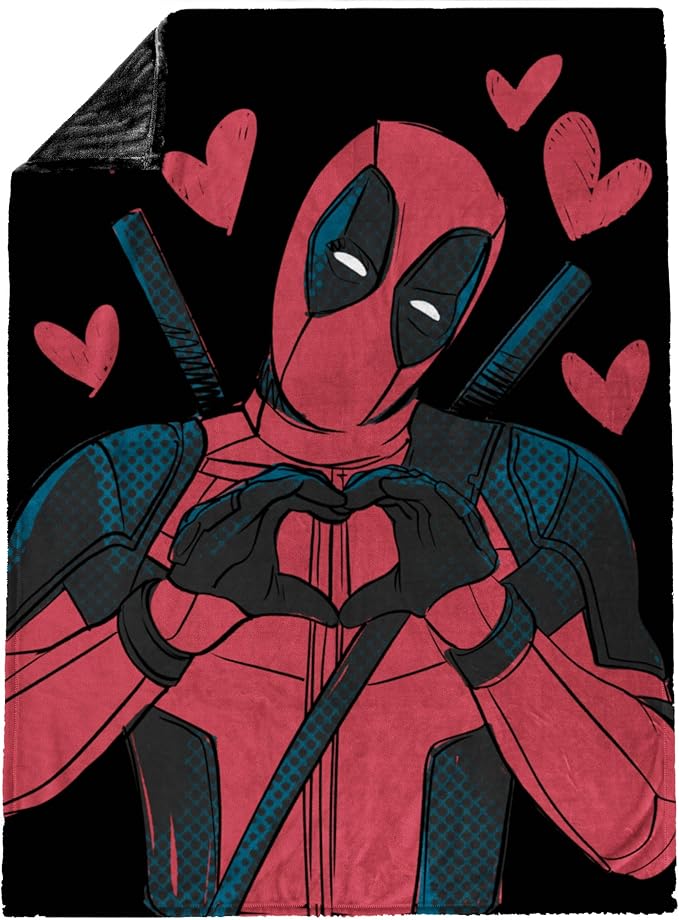 Marvel Deadpool Hearts Plush Throw Blanket - Measures 50 x 70 inches, Red and Black Super Soft Lightweight Fleece Bedding