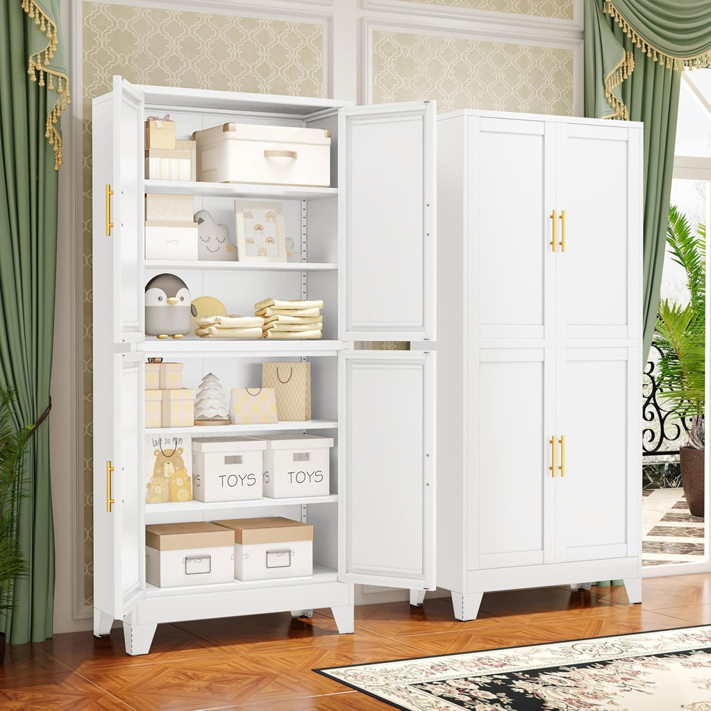 75.2" Tall Metal Pantry Cabinet, Kitchen Pantry Storage Cabinets with 4 Door and 4 Adjustable Shelves, White Storage Cabinet, Freestanding Cupboard for Kitchen Dining Room Living Room Bathroom