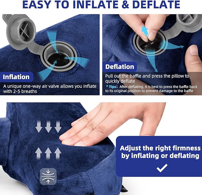 Inflatable Travel Pillow, H-Shape Inflatable Neck Pillow for Traveling on Plane, Washable Cover Travel Pillow Inflatable Airplane Pillow for Neck Support, Blow up Neck Pillows for Air Travel