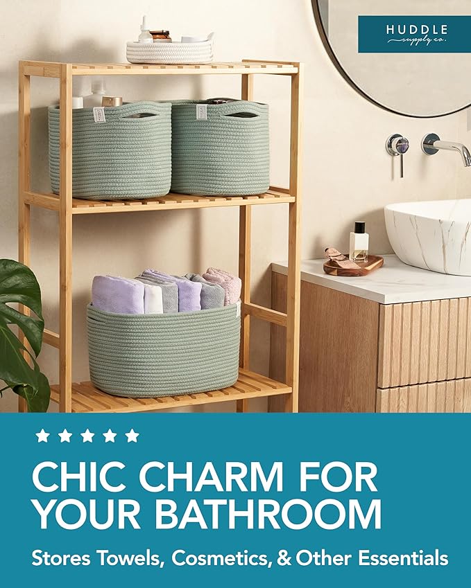 3 WASHABLE Woven Baskets for Storage Baskets for Shelves Large Cotton Rope Baskets for Organizing Decorative Storage Bins Bathroom, Shelves, Toys,Storage Cube Bins, Small Baskets (Sage Green)