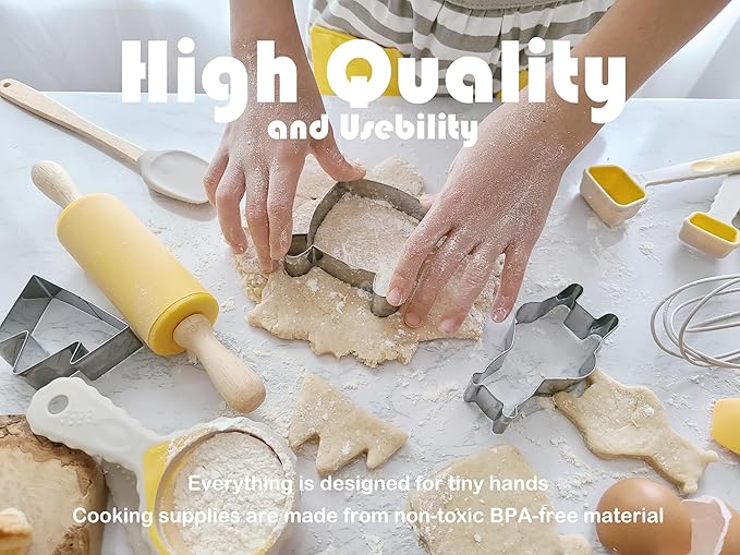 35-Piece Kids Baking Set with Teddy Bear Apron, Kid Friendly Knives, Cookie Cutters, Rolling Pin, Cutting Board, Whisk, Real Silicone Kitchen Accessories for Cooking and More