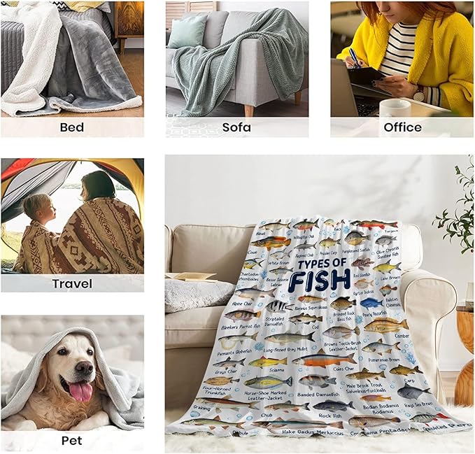 Fish Throw Blanket,Types of Fish Blanket Fish Blanket Gifts,Ultra Soft Lightweight Flannel Blankets Warm Fuzzy Cozy Plush Blankets for Couch Sofa Bed Living Room,Family Size-90"x120"