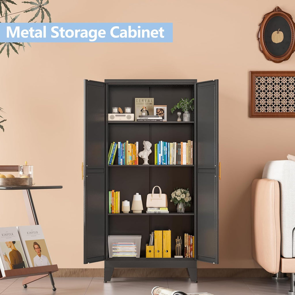 Black Metal Storage Cabinet, 48" Steel Cabinets for Home Office, Kitchen Pantry Storage Cabinet with Doors and 3 Adjustable Shelves, for Office, Home, Garage, School