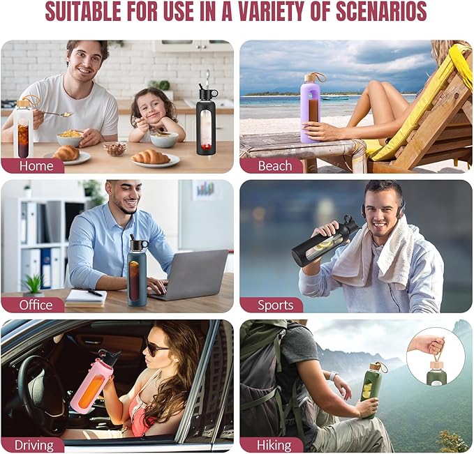 24oz Glass Water Bottle With 2 Lids-Flip Straw Lid, Bamboo Lid, Glass Water Bottle With Silicone Sleeve, Motivational Time Marker, Glass Juice Bottle for Cold Drink,Pink