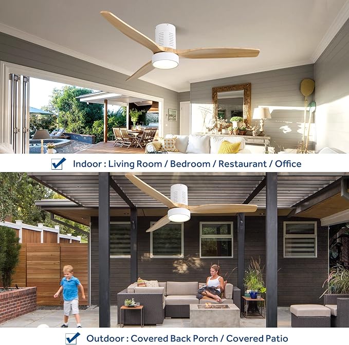 Sofucor Low Profile Ceiling Fan, Flush Mount Ceiling Fan with Lights and Remote Control, 52'' Wood Ceiling Fan with 3 Color Temperature & Adjustable Brightness, Burlywood