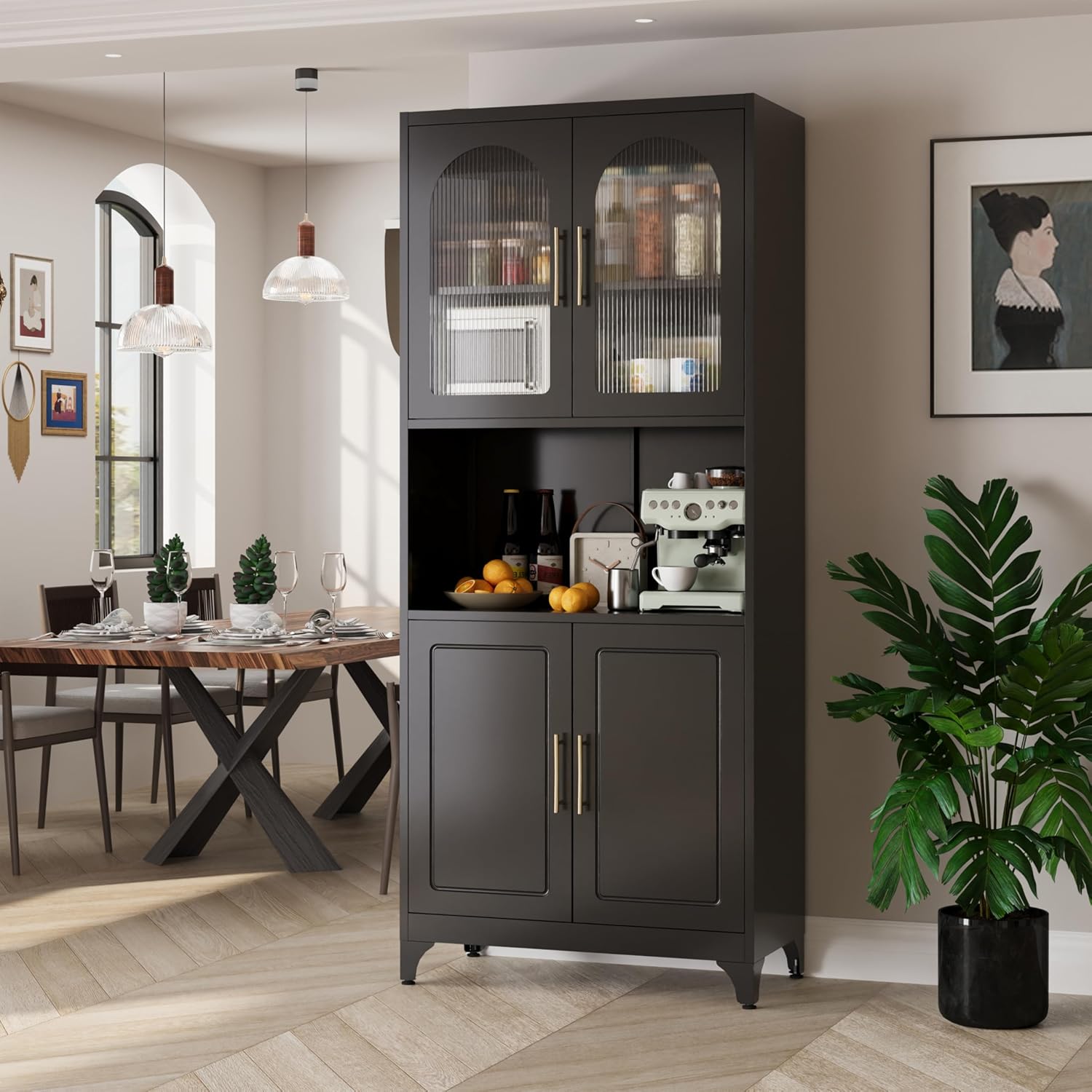 75" Tall Kitchen Pantry Cabinet, Metal Storage Cabinets with Acrylic Doors and Adjustable Shelves, Hutch Cabinet with Storage, Black Microwave Stand Cabinets for Dining Living Room