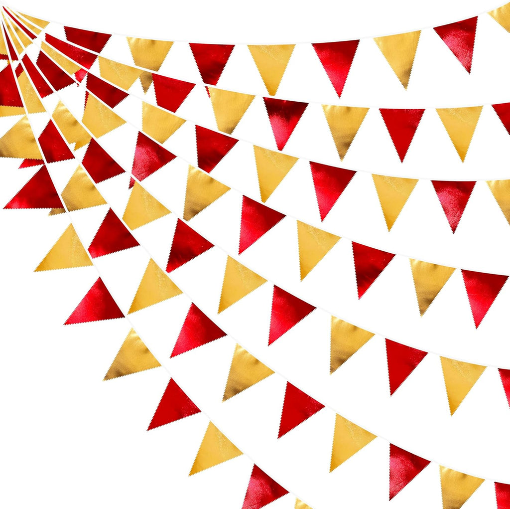 Red Gold Party Decorations Metallic Fabric Triangle Pennant Banner Flag Bunting Garland for Graduation Birthday Wedding Bachelorette Anniversary Baby Shower Christmas Holiday New Year Party Supplies