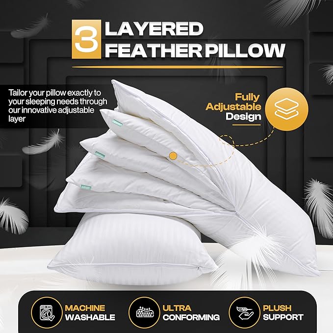 EverSnug Goose Feather Adjustable Layer Pillows for Sleeping - Set of 2, Cooling, Luxury Pillows for Back, Stomach or Side Sleepers (Queen (Pack of 2))