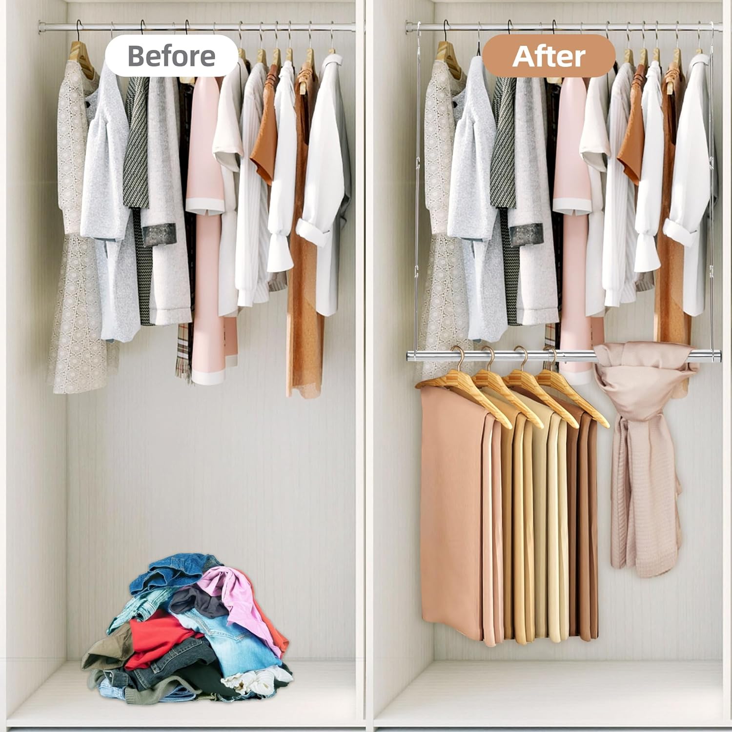 STORAGE MANIAC Hanging Closet Rod, Adjustable Width and Height Closet Hanging Organizer, Space-Saving Clothes Hanging Bar, Closet Extender Hanging Rod Double Closet Hanging Rod, 1 Pack Chrome