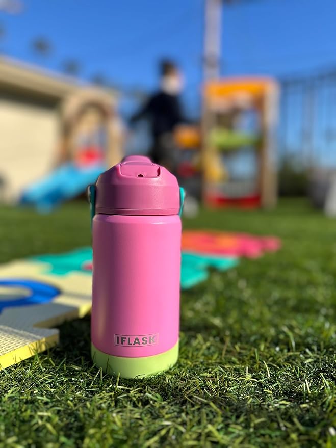 12oz Kids Water Bottle with Straw Lid | 100% Leak Proof | Insulated Stainless Steel Double Walled Thermos | BPA and Sweat free | Hot & Cold (Bubblegum)
