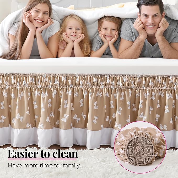 RIMELA Camel Elastic Bed Skirt King Szie 14 inch Drop, Cal King Bedskirt Easy to Put On, Solid Wrap Around Dust Ruffle, Fade Resistant Silky Fabric Machine Washable