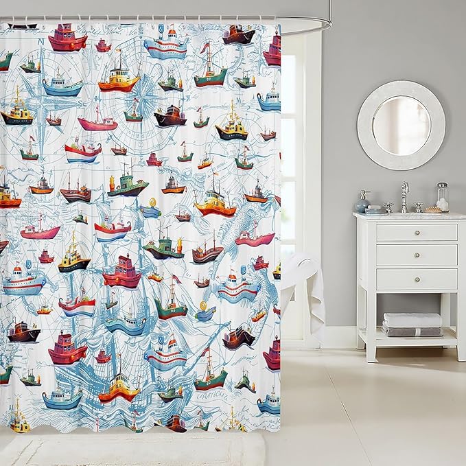 Feelyou Sailboat Printed Shower Curtain 72"x78" Kids Nautical Decor Bathroom Shower Curtain Set for Boys Girls Teens Ocean Marine Themed Bath Curtain Sea Adventure Bathroom Accessories