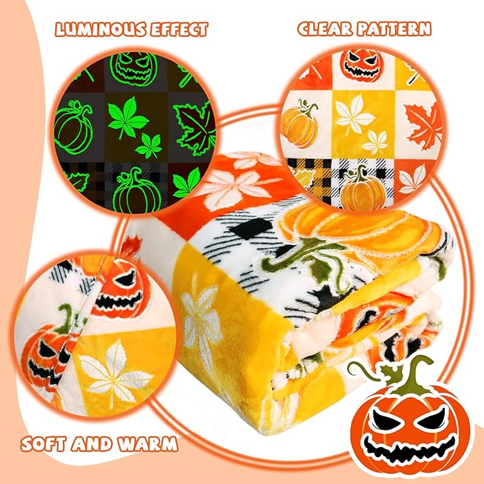 Pumpkin Blanket Checkered Blanket Plaid Glow in The Dark Blanket for Kids Women Fall Blanket Halloween Decorations for Room