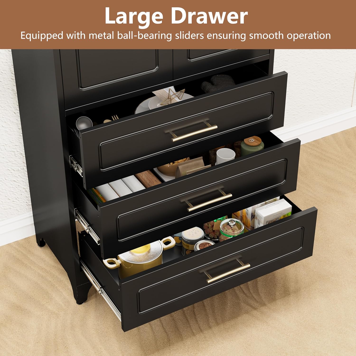 Kitchen Pantry Cabinet, 75" Tall Pantry Cabinet with Three Drawers, Freestanding Food Cupboard with Doors and Shelves, Metal Storage Cabinets for Dining, Living Room, Black, Assembly Required