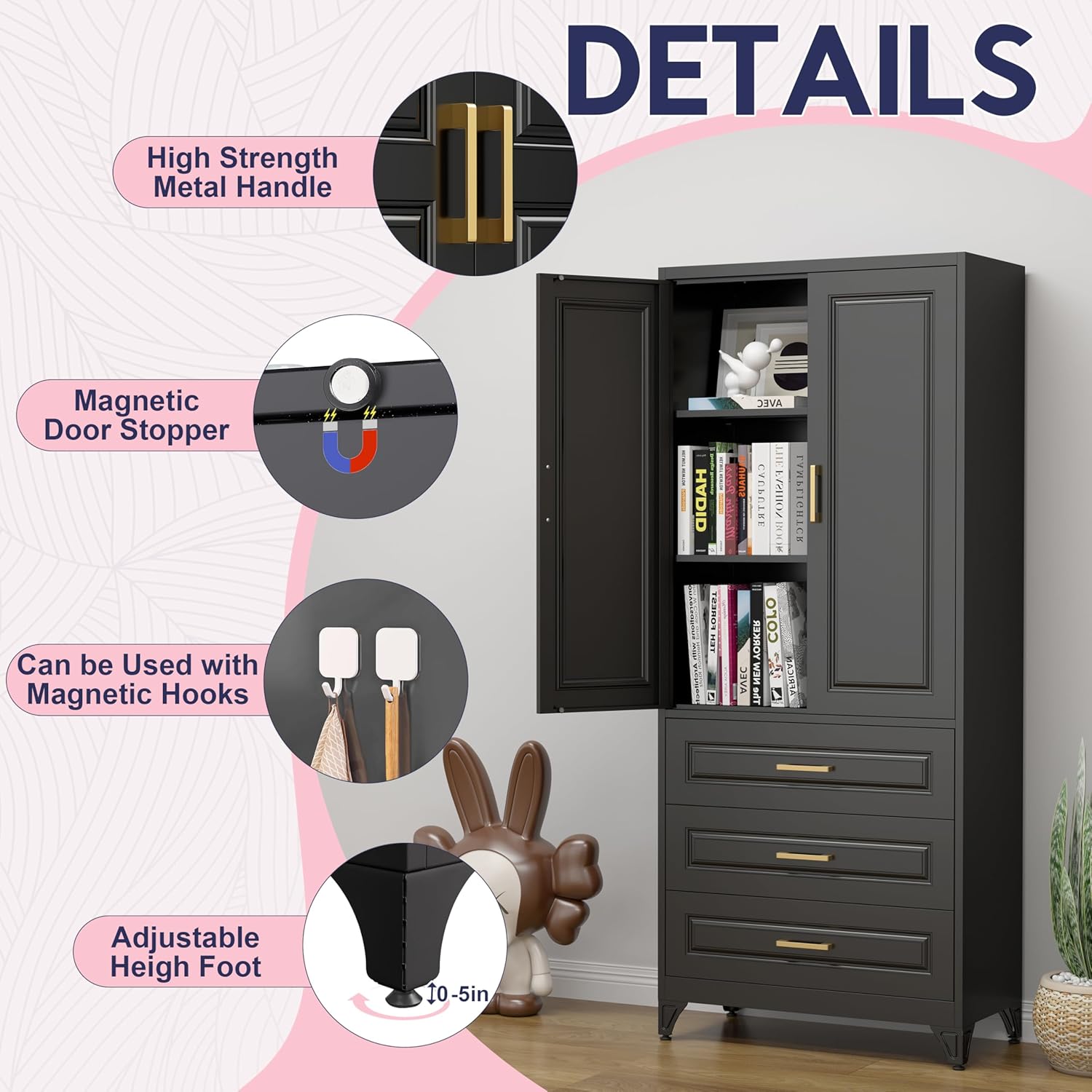 Pantry Kitchen Cabinet with Drawer, 75" Tall Pantry Storage Cabinet, Metal Storage Cabinets with Doors and Shelves, Large Freestanding Cupboard for Dining Room, Assembly Required, Black