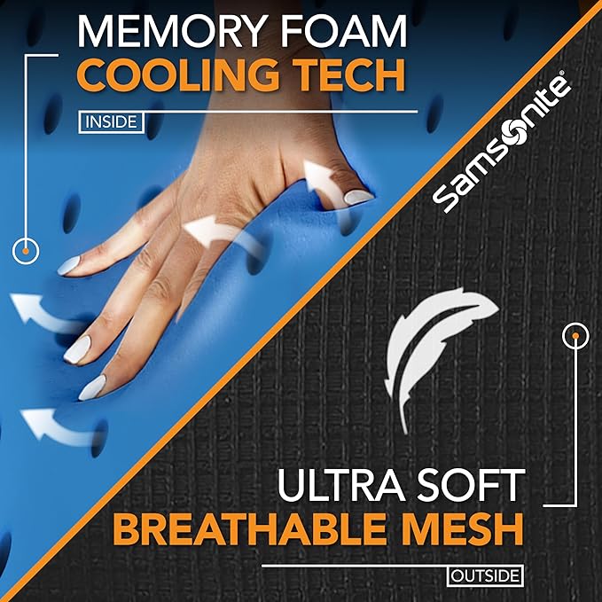 SAMSONITE, Infused-Gel Car Neck Pillow with Airflow Memory Foam, Headrest Support Cushion for Driving, Universal - Fits Any Vehicle, Including SUVs and Trucks, Washable Cover, Black…