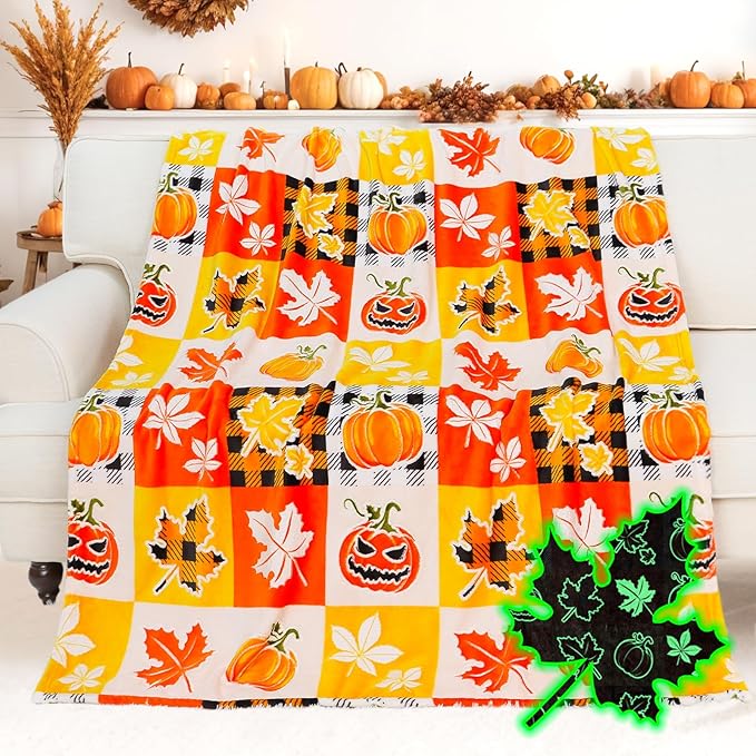 Pumpkin Blanket Checkered Blanket Plaid Glow in The Dark Blanket for Kids Women Fall Blanket Halloween Decorations for Room