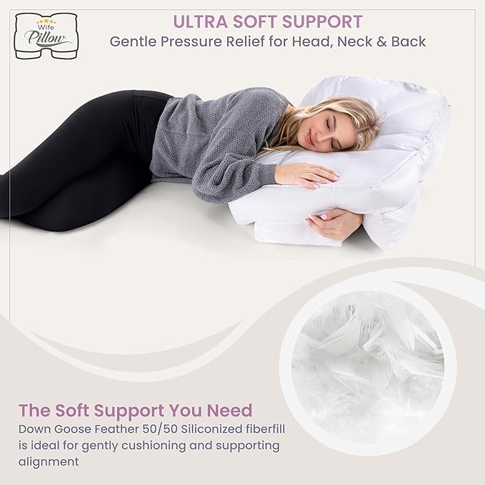 Ultra Soft Support. Shoulder & Neck for Pain Relief. Side, Back, Stomach Sleepers Arm Hole Slots for Many Sleeping Positions. Hotel Style Goose Down Feather & Siliconized Fiber Blend