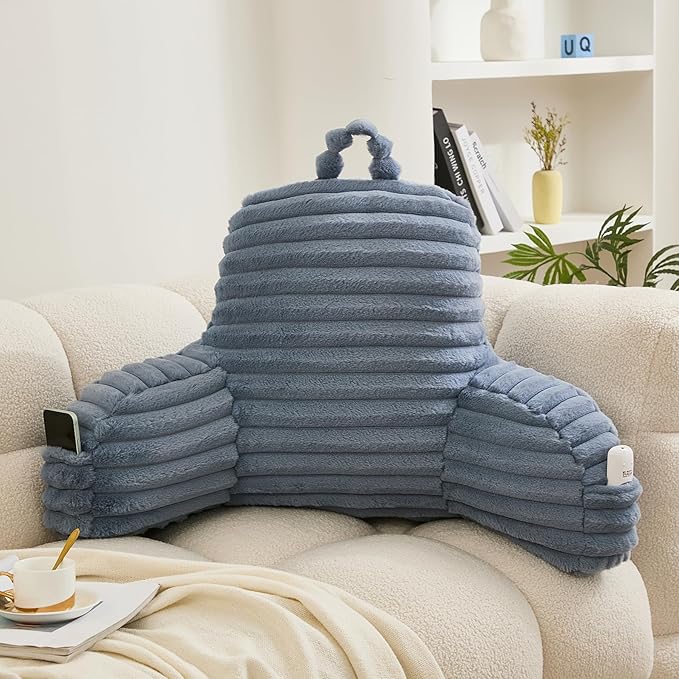 WERDIM Reading Pillow for Sitting in Bed, Faux Fur Back Pillow for Bed Rest, Bed Chair Pillow with Arms and Pockets(Large, Dusty Blue)