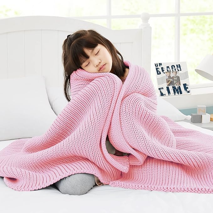Knitted Weighted Blanket(Pink 50"x60" 7lbs),Home Décor Cooling Throw Blanket for Hot Sleepers,Hand Made Chunky Knit Heavy Blanket Use on Twin Size Bed