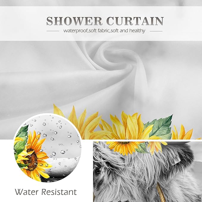 Aimego Extra Long Shower Curtain - Farmhouse Highland Cow Sunflower Rustic Western Country Get Naked Funny Fabric Cloth Shower Curtain Set with 12 Hooks Bathroom Decor Bathtub Curtain, 72"x84"