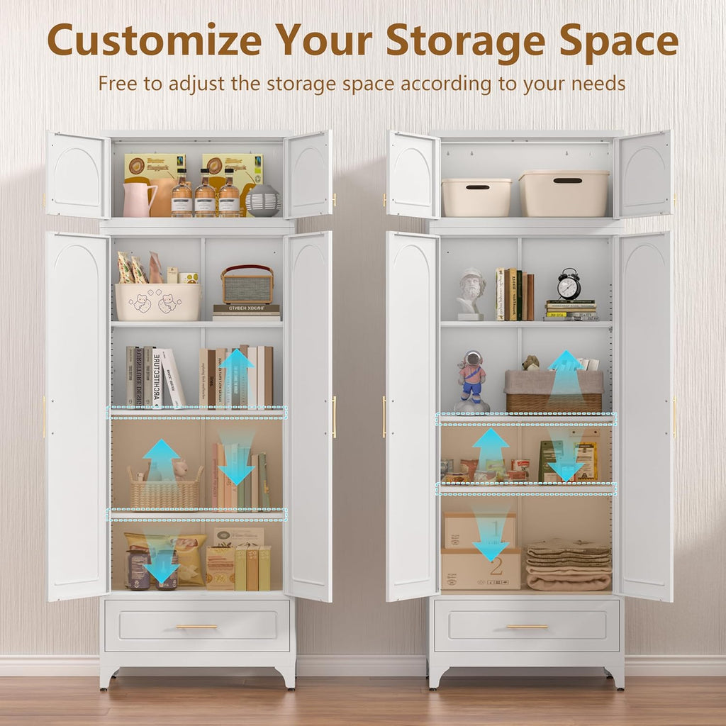 Kitchen Cabinet, 90" Tall Metal Pantry Cabinet, Freestanding Cupboards with One Drawer, Food Storage Cabinets for Dining, Living Room, White, 16" D x 32" W x 90" H, Assembly Required