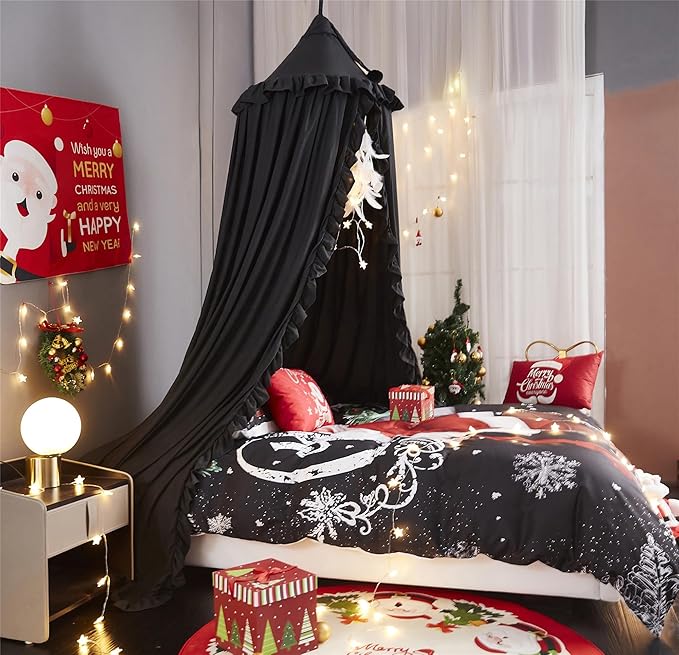 VETHIN Bed Canopy for Girls Kids,Princess Round Dome Children Dreamy Mosquito Net Bedding Girls Room Castle Play Tent Hanging House Decor Reading Nook Canopies (Black)