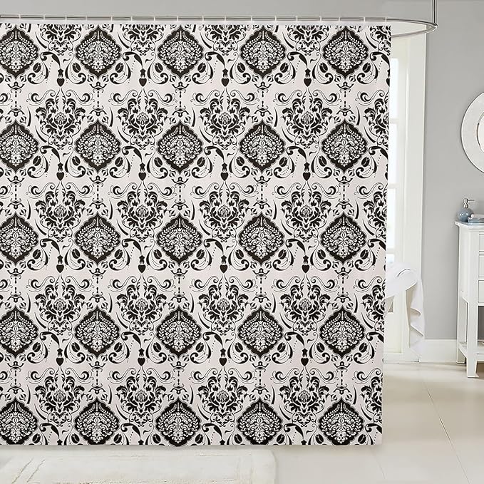 Feelyou Damask Pattern Shower Curtain 72"x78" Kids Vintage Floral Bathroom Shower Curtain Set for Boys Girls Teens Black White Luxury Bath Curtain Baroque Style Bathroom Accessories